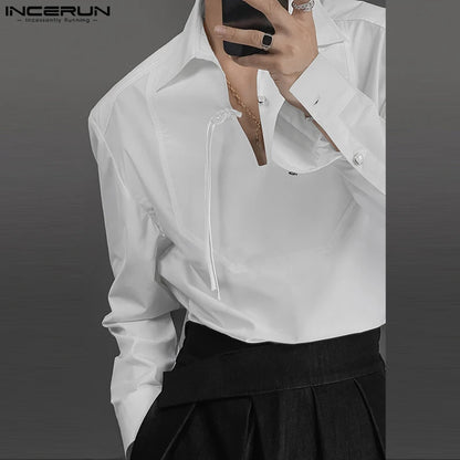 Fashion Well Fitting Tops INCERUN Mens Personality Solid V-neck Buckle Design Shirts Casual Streetwear Long Sleeved Blouse S-5XL