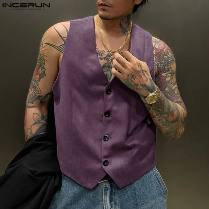 INCERUN Tops 2024 Korean Style Men Retro Sleeveless V-neck Design Vests Casual Streetwear Solid Suits Sleeveless Waistcoat S-5XL