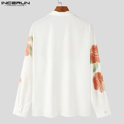 Mode gut sitzende Tops INCERUN Neue Männer leicht Perspektive Rose Shirt Casual Streetwear Langarm Revers Bluse S-5XL 2024