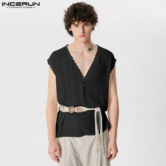 INCERUN Tops 2024 Korean Style Men's Casual See-through V-neck Vests Stylish Irregular Line Splicing Sleeveless Tank Tops S-5XL