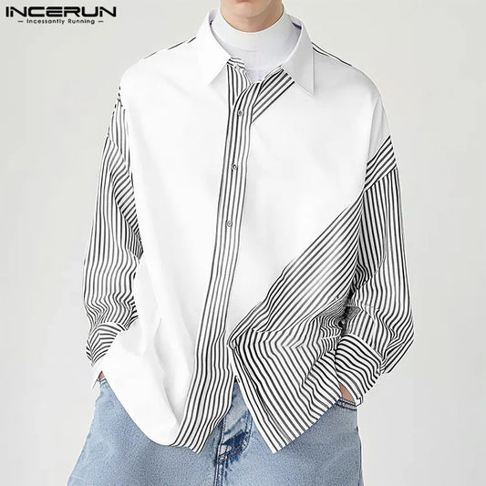 INCERUN Tops  2024 Korean Style New Men's Irregular Striped Design Blouse Casual Simple All-match Long Sleeved Lapel Shirt S-5XL