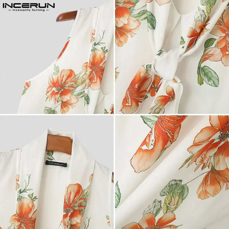 Fashion Casual Style Tops INCERUN New Mens Floral Print Pattern Vests Summer Holiday Male Hot Sale Tie Neck Tank Tops S-5XL 2024