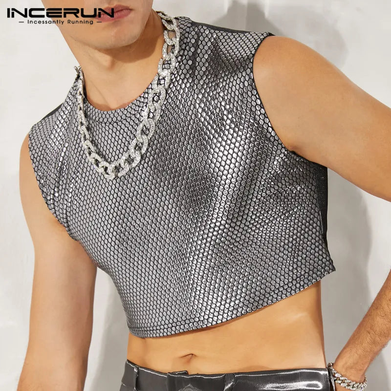 Fashion Casual Men's Waistcoat Sleeveless Silver Comfortable Tank Tops Stylish Male Party Nightclub Style Crop INCERUN Tops 2024