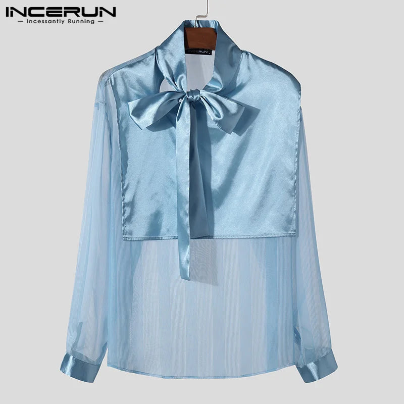 Sexy Casual Style Tops INCERUN Mens See-through Striped Design Shirts Male Clubwear Hot Sale Thin Long Sleeved Blouse S-5XL 2024