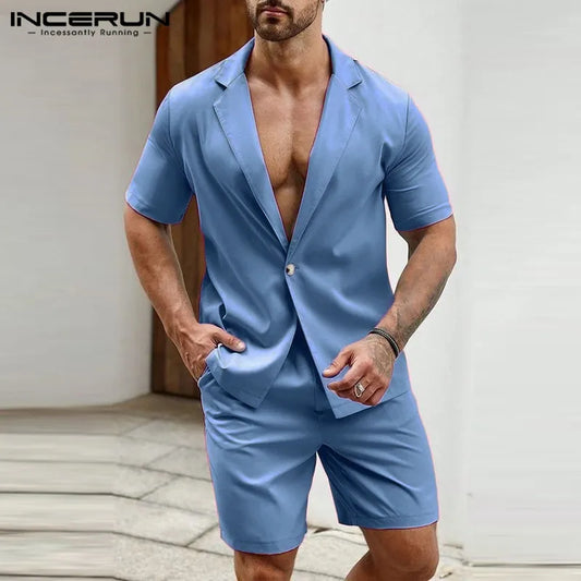 INCERUN 2024 American Style New Men's Fashion Sets Solid Short Sleeved Blazer Shorts Casual Streetwear Male Two-piece Sets S-5XL