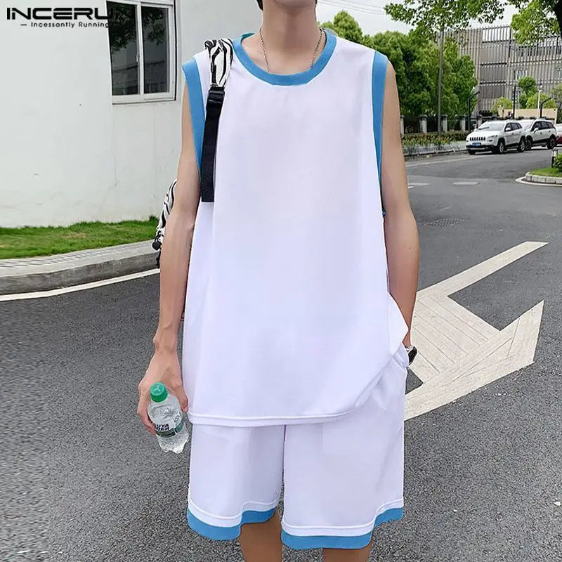 INCERUN 2024 Korean Style Handsome Mens Sets Sleeveless Vests Shorts Leisure Streetwear Male Shoulder Design Suit 2 Pieces S-5XL