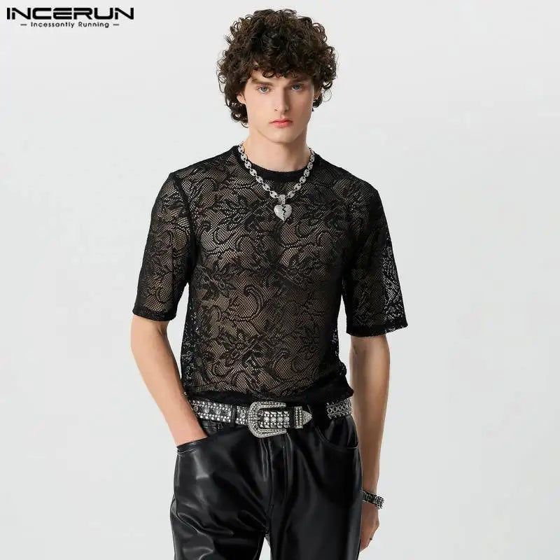 INCERUN Tops 2024 American Style Fashion New Men's Lace Jacquard Design T-shirts Casual Male O-neck Short Sleeved Camiseta S-5XL