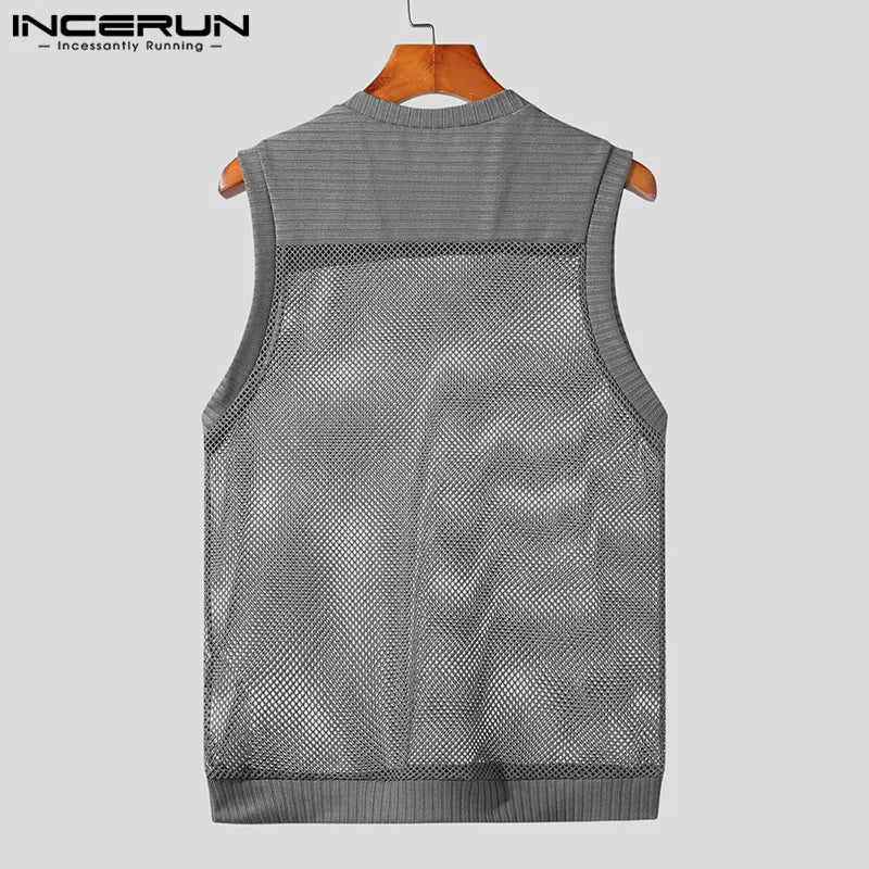 2023 Men Tank Tops Mesh Patchwork Transparent Breathable O-neck Sleeveless Sexy Men Clothing Summer Fashion Vests S-5XL INCERUN