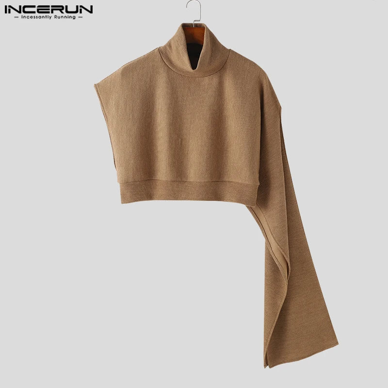 INCERUN Tops 2023 Korean Style Men's Cape Knitted High Necked Pullovers Stylish Irregular Cape Knitted Turtleneck Sweater S-5XL