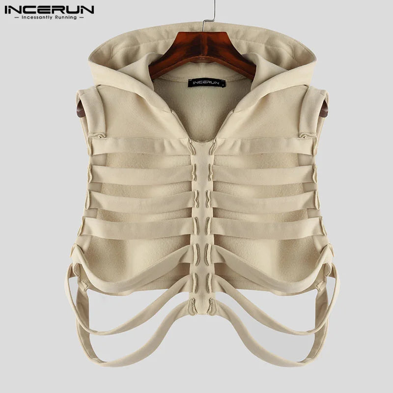 INCERUN Tops 2024 Korean Style New Men's Funny Bone Deconstruction Design Vests Leisure Streetwear Solid Hooded Waistcoat S-5XL