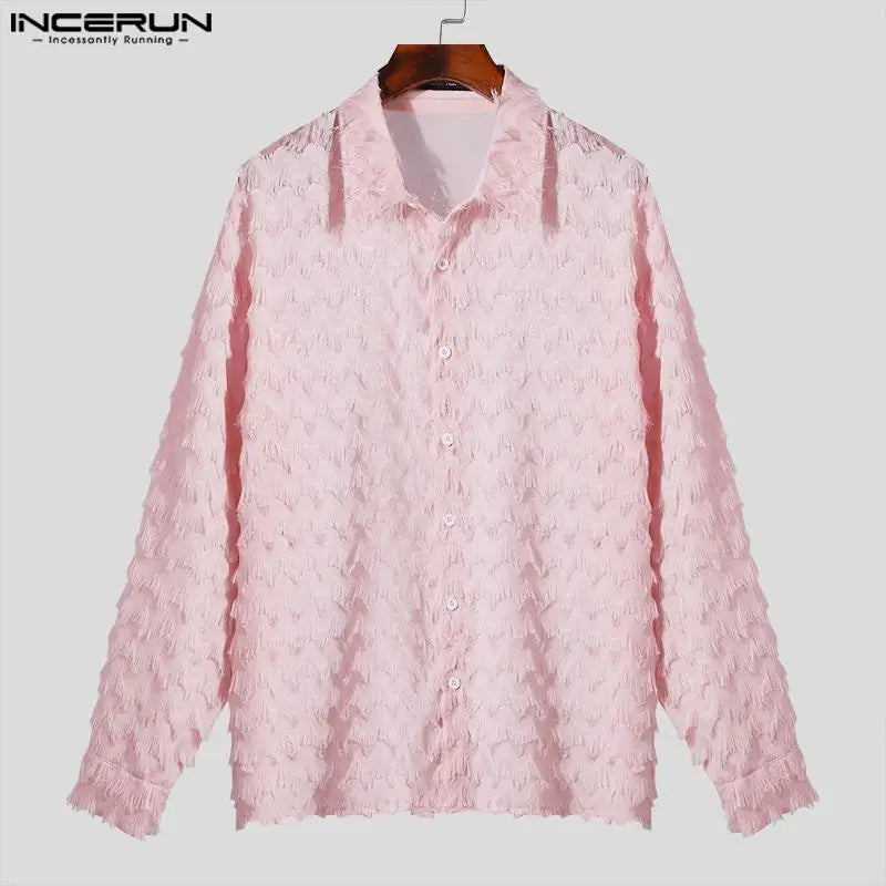 INCERUN Tops 2024 Korean Style New Mens Loose Tassel Perspective Design Shirts Casual Fashionable Male Long Sleeved Blouse S-5XL