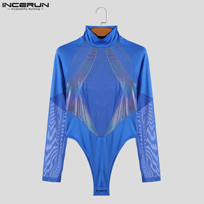 INCERUN 2024 Sexy Men Homewear Flash Polka Dot Patchwork Mesh Jumpsuits Half High Collar Long Sleeved Triangular Bodysuits S-5XL