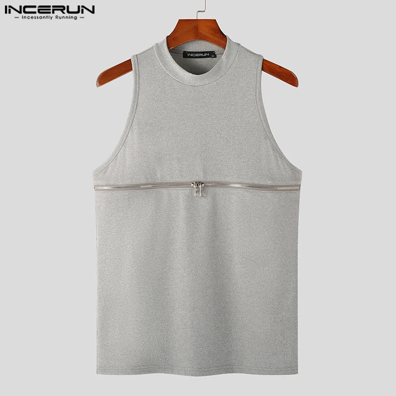 INCERUN Tops 2023 Style américain Nouveau design de fermeture éclair à double tête pour hommes Gilets solides Gilet décontracté tricoté à col mi-haut S-5XL