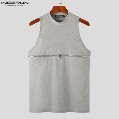 INCERUN Tops 2023 Amerikanischer Stil Neue Herren Doppelkopf-Reißverschluss-Design Einfarbige Westen Lässig Gestrickte Weste mit halbem hohem Kragen S-5XL