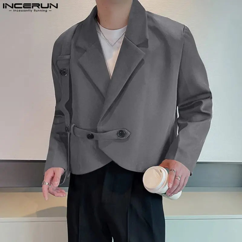 INCERUN Tops 2023 Korean Style Handsome Men's Shoulder Pads Solid Cropped Blazer Casual Streetwear Long Sleeved Suit Coats S-5XL