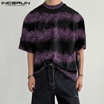 INCERUN Tops 2024 Korean Style Handsome Fashion Men Gradient Striped T-shirt Casual Streetwear Male Short Sleeved Camiseta S-5XL