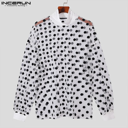 INCERUN Tops 2024 Sexy Men's Polka Dot See-through Mesh T-shirt Sexy Clubwear Half High Collar Bishop Long Sleeve Camiseta S-5XL