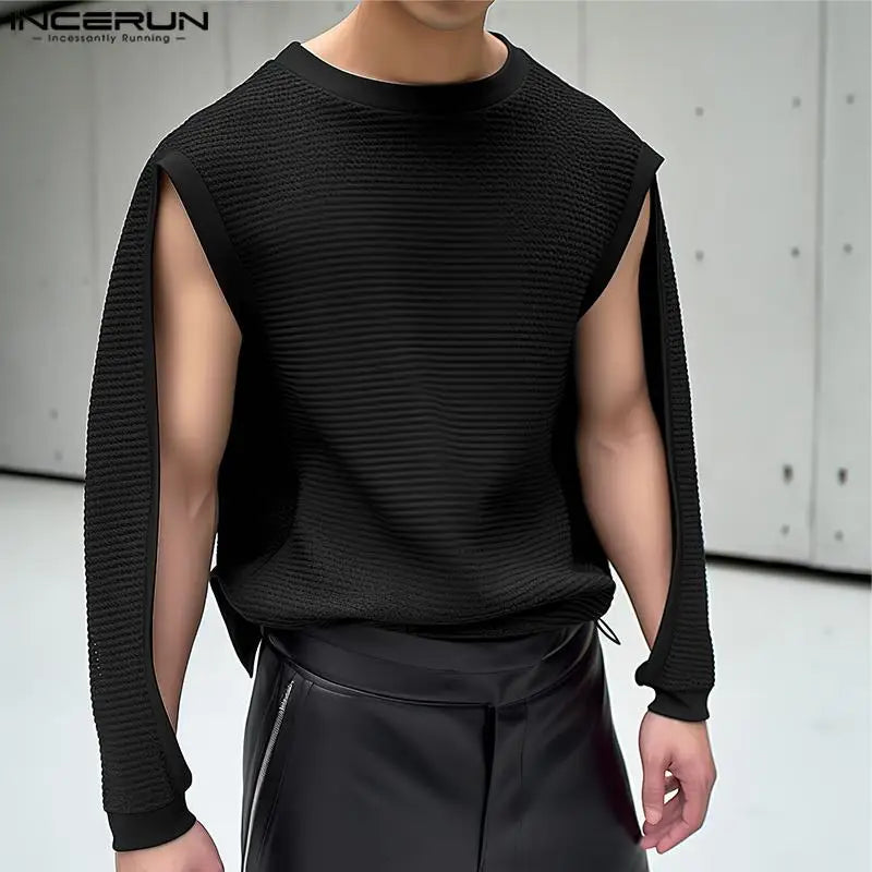 INCERUN Tops 2024 Korean Style New Men O-neck Hollow Sleeve Design T-shirts Casual Simple Male Solid Long Sleeved Camiseta S-5XL