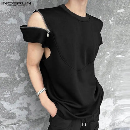 2024 Men T Shirt Solid Color Zipper O-neck Short Sleeve Streetwear Men Clothing Summer Korean Casual Male Tee Tops S-5XL INCERUN