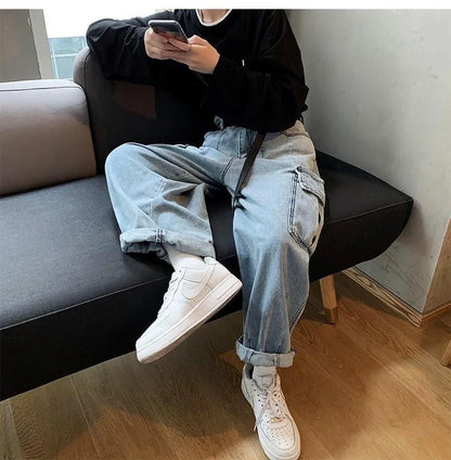 HOUZHOU Baggy-Jeans-Hose für Herren, Jeanshose, schwarze Hose mit weitem Bein, Jeans für Herren, lockere Freizeithose, koreanische Streetwear, Hip Hop, Harajuku