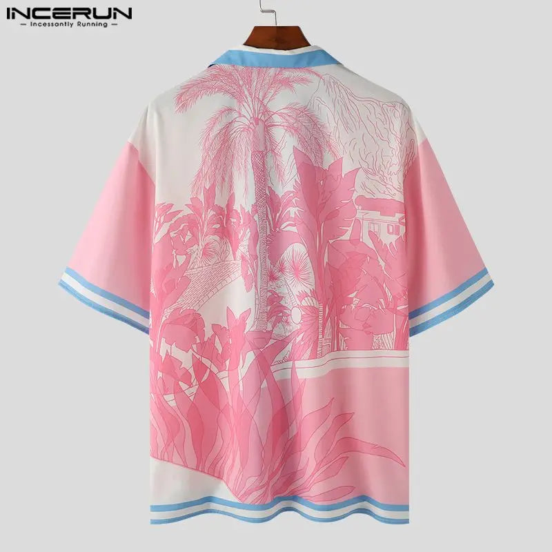 INCERUN Tops 2024 Amerikanischen Stil Mode Neue Herren Rosa Floral Blau Streifen Shirts Sommer Streetwear Männlichen Mid Ärmeln Shirts S-5XL