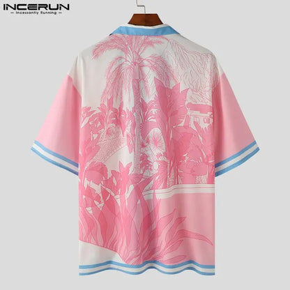 INCERUN Tops 2024 American Style Fashion New Mens Pink Floral Blue Stripe Shirts Summer Streetwear Male Mid Sleeved Shirts S-5XL