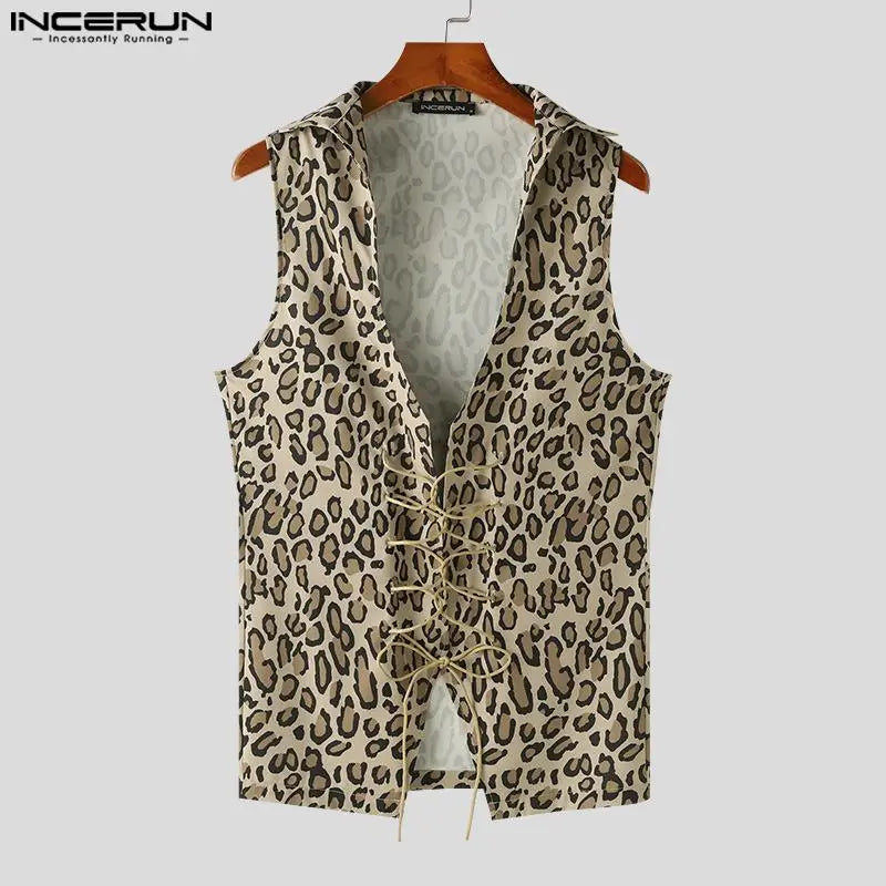 INCERUN Tops 2024 Stylish Casual New Men's Drawstring V-neck Vests Sexy Male Hot Sale Leopard Printed Sleeveless Tank Tops S-5XL