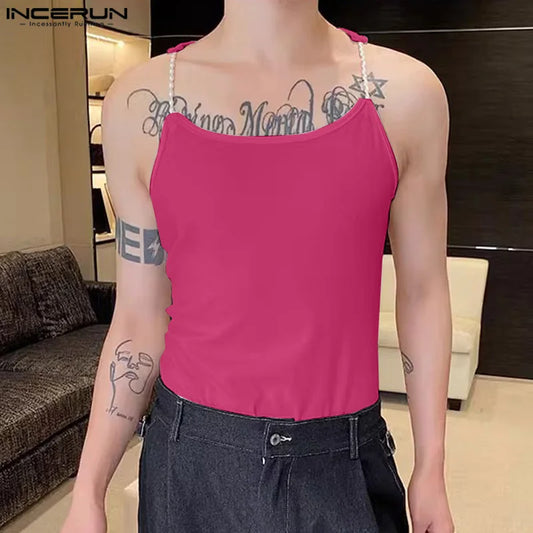 INCERUN Tops 2024 Korean Style New Men Knitted Shoulder Strap Design Tight Solid Vests Summer Casual Sleeveless Tank Tops S-5XL