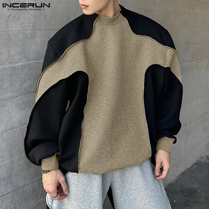 Fashion Casual Style Tops INCERUN Mens Contrast Deconstruction Design Sweaters Handsome Male O-neck Long Sleeved Pullovers S-5XL