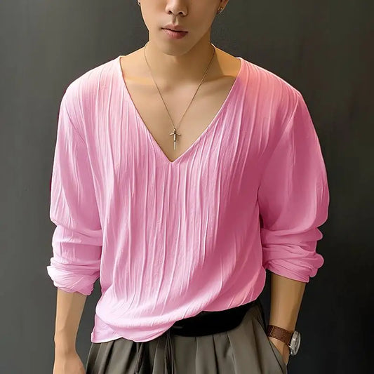 INCERUN Tops 2024 Korean Style Fashion New Men V-neck Pleated Camiseta Casual Solid All-match Simple Long Sleeved T-shirts S-5XL