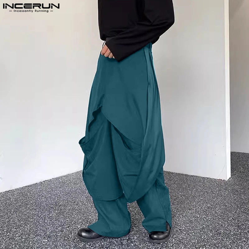 INCERUN 2024 Koreanische Stil Pantalons Neue Männer Doppel-schicht Plissee Design Solide Lange Hosen Freizeit Streetwear Lose Hosen S-5XL