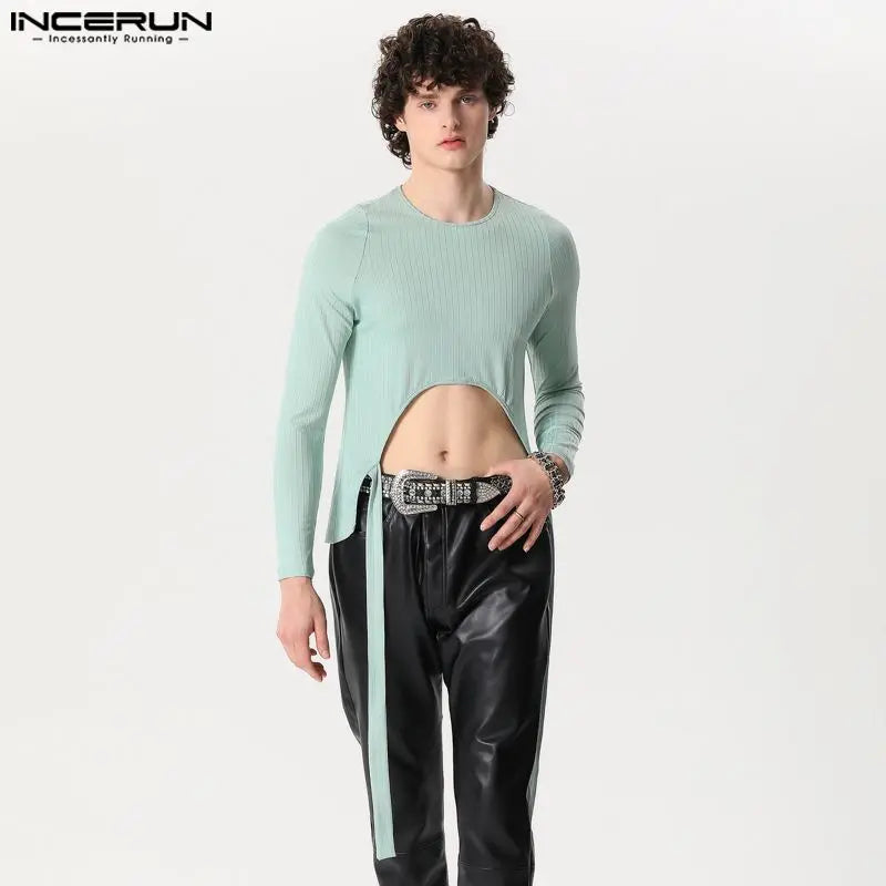 INCERUN Tops 2024 American Style Sexy Men's Knitted Short Strap Design Camiseta Casual Clubwear Male Long Sleeved T-shirts S-5XL