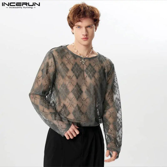 INCERUN Tops 2024 American Style Fashion Mens Diamond Lace Hollow Slightly Transparent T-shirts Sexy Long Sleeved Camiseta S-5XL