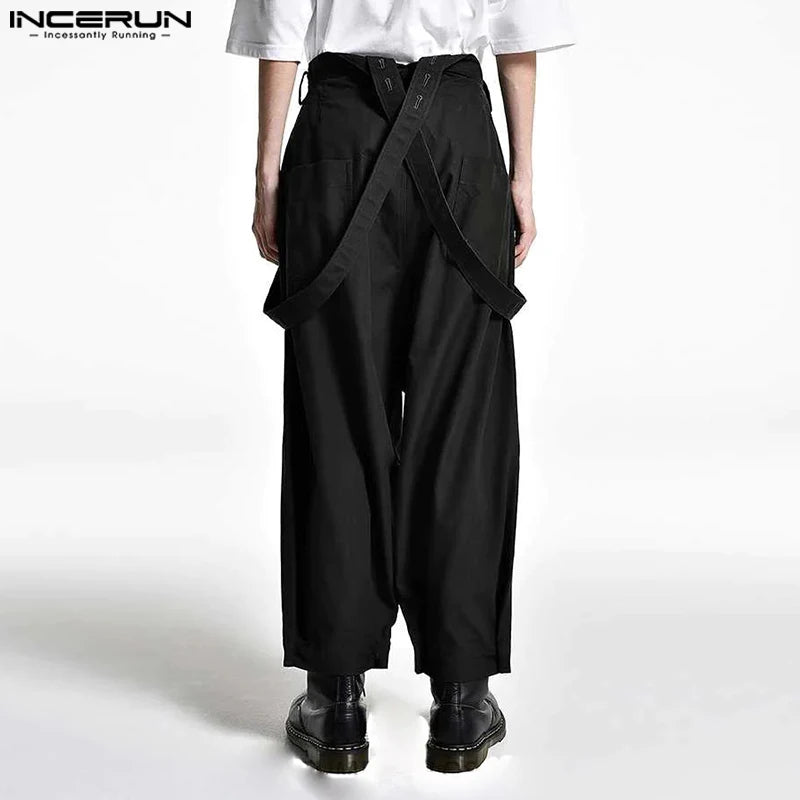 2023 Men Jumpsuits Solid Oversize Korean Sleeveless Streetwear Straps Rompers Fashion Casual Men Wide Leg Overalls S-5XL INCERUN