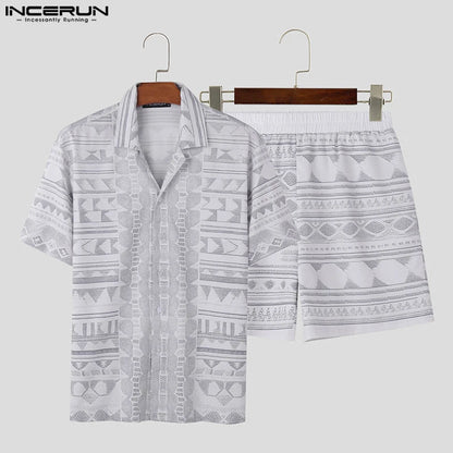 INCERUN 2024 Korean Style Sets Men's Summer Short Sleeved Shirts Shorts Fashion Sexy Male Irregular Printed Two-piece Sets S-5XL