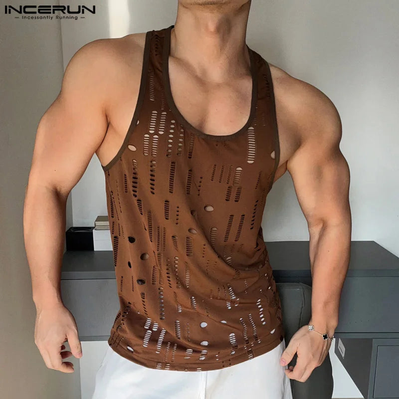 INCERUN Tops 2024 Koreanische Stil Neue Männer Sexy Leibchen Ausgehöhlten Design Westen Casual Streetwear Sommer Ärmellose Tank Tops S-5XL