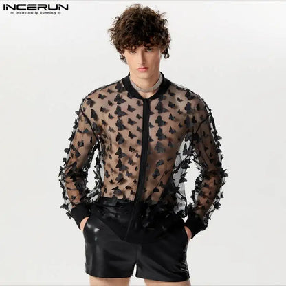 INCERUN Tops 2024 American Style Fashion New Men's Personality Pattern Mesh Shirts Casual Hot Selling Long Sleeved Blouse S-5XL