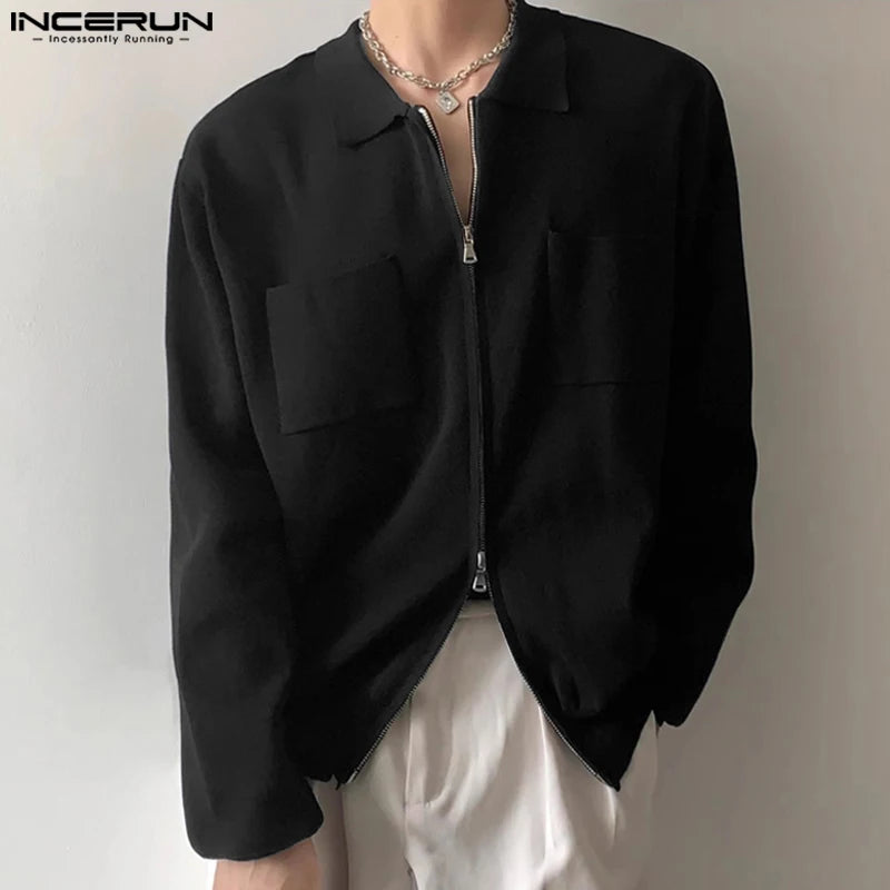 INCERUN Tops 2024 Korean Style New Men Double Head Zippered Lapel Design Shirts Casual Streetwear Male Long Sleeved Blouse S-5XL