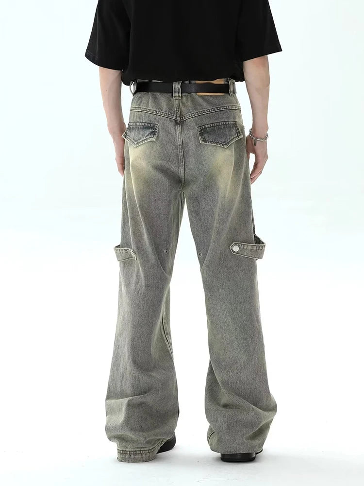 HOUZHOU Pantalon en jean à jambe large pour homme, streetwear, baggy, en denim vieilli, surdimensionné, décontracté, froncé, coréen, hip-hop