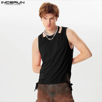 INCERUN Tops 2024 Hübsche neue Herren-Tanktops mit einfarbigem Strick und ausgehöhlten Trägern, stilvolle, lässige Tanktops für Männer mit Dekonstruktionsdesign, S-5XL