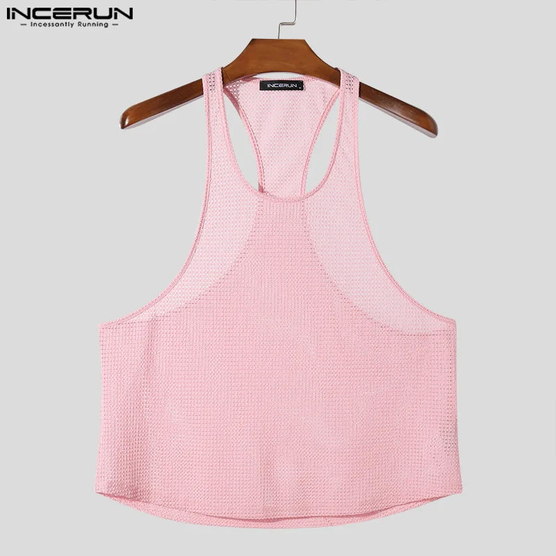 INCERUN Tops 2024 Korean Style Fashion Men Breathable Mesh I-shaped Vests Summer Sexy Streetwear Thin Sleeveless Tank Tops S-5XL