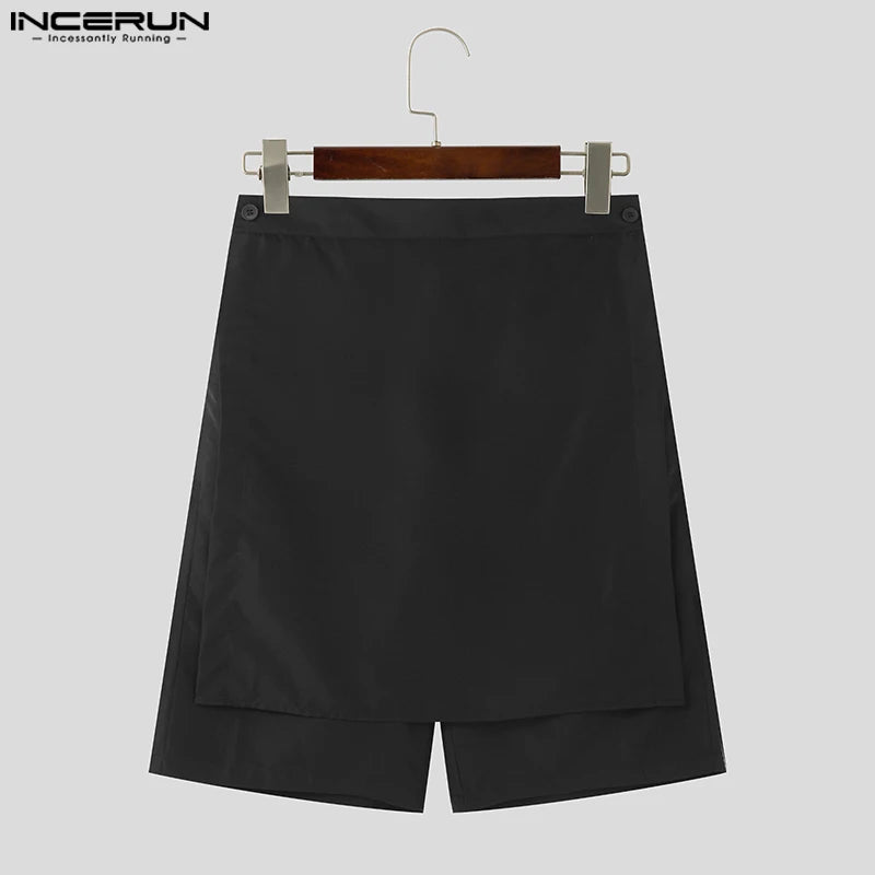 INCERUN 2024 Korean Style Shorts New Men Irregular Fake Two-piece Design Shorts Summer Casual Streetwear Male Solid Shorts S-5XL