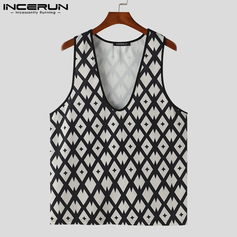 INCERUN Tops 2024 Korean Style New Men's Textured Diamond Grid Design Vests Casual Streetwear V-neck Sleeveless Tank Tops S-5XL