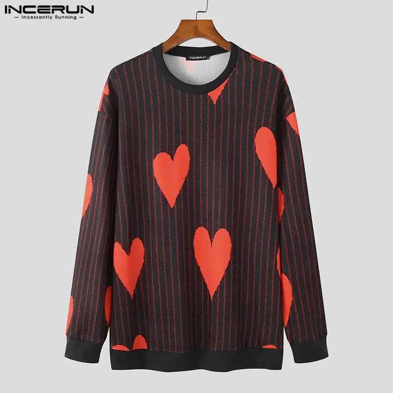 Stylish Funny Style Tops INCERUN Men's Love Stripe Printing Camiseta Casual Streetwear Male All-match Long Sleeve T-shirts S-5XL