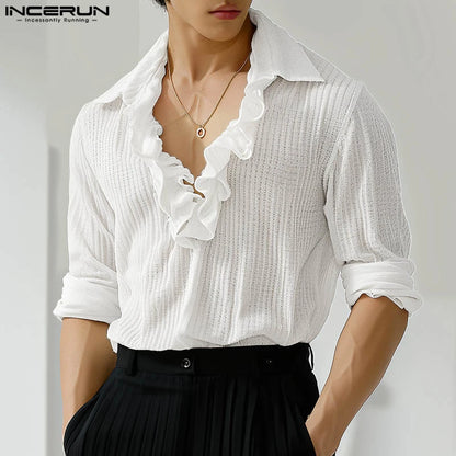 Fashion Casual Style Tops INCERUN Men Solid Ruffle Edge Splicing Shirt Stylish Clubwear Men Long Sleeved Lapel Blouse S-5XL 2024