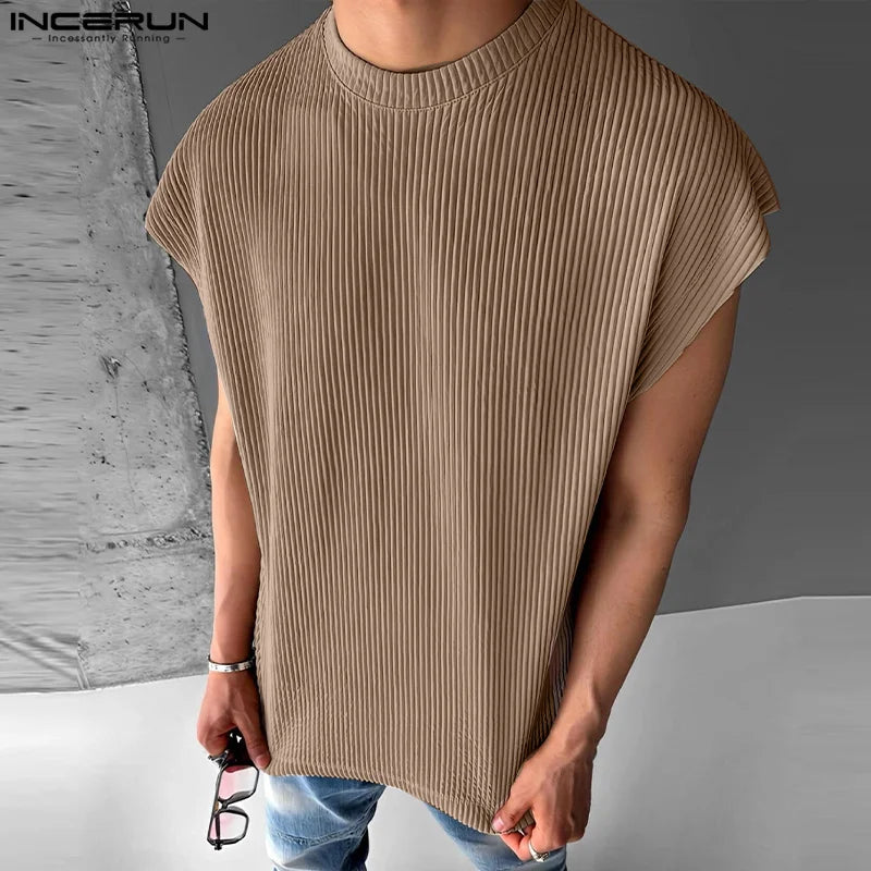 Fashion Well Fitting Tops INCERUN Men's Solid Pit Stripe Texture Vests Summer Casual Streetwear Loose Sleeveless Tank Tops S-5XL