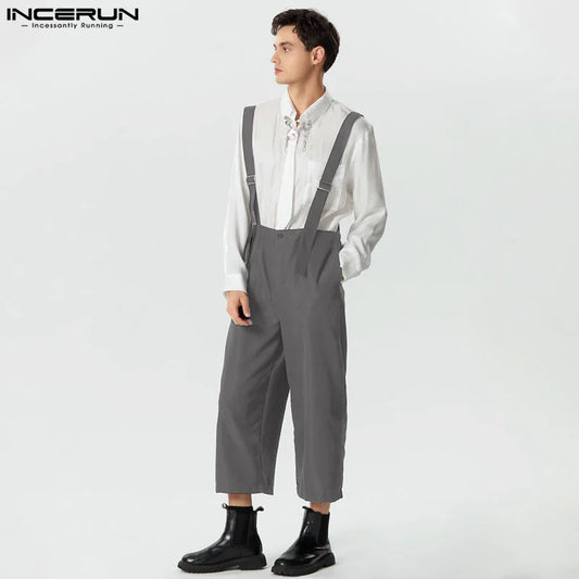 INCERUN 2024 Fashion New Men Rompers Loose High Waisted Wide Leg Jumpsuits Casual Solid Well Fitting Shoulder Strap Pants S-5XL