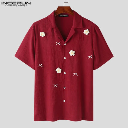 INCERUN Tops 2024 Korean Style New Men's Lapel Neck Patchwork Flower Design Shirts Casual Streetwear Short Sleeved Blouse S-5XL