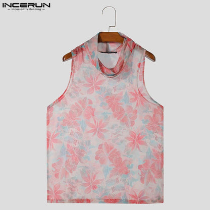 INCERUN Tops 2024 Fashion Mens Printed Chiffon Perspective Vests Summer Streetwear Hot Sale High Neck Sleeveless Tank Tops S-5XL