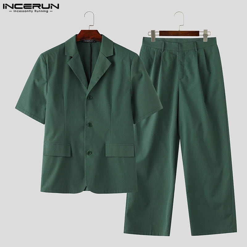 INCERUN 2024 Style coréen nouveaux hommes ensembles à manches courtes costume veste pantalon long mode simple homme costume col deux pièces ensembles S-5XL